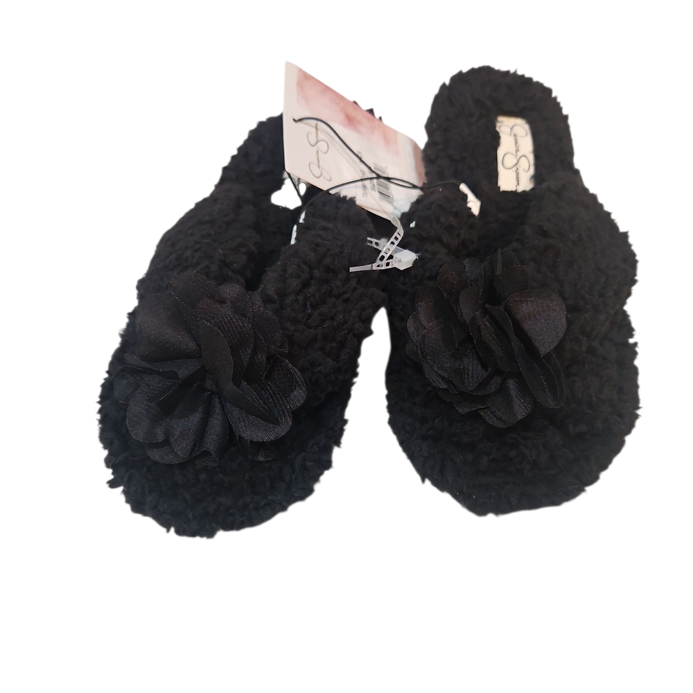 Jessica Simpson Black Fuzzy Women's House Slippers  Floral Accent Size6/7 Memory